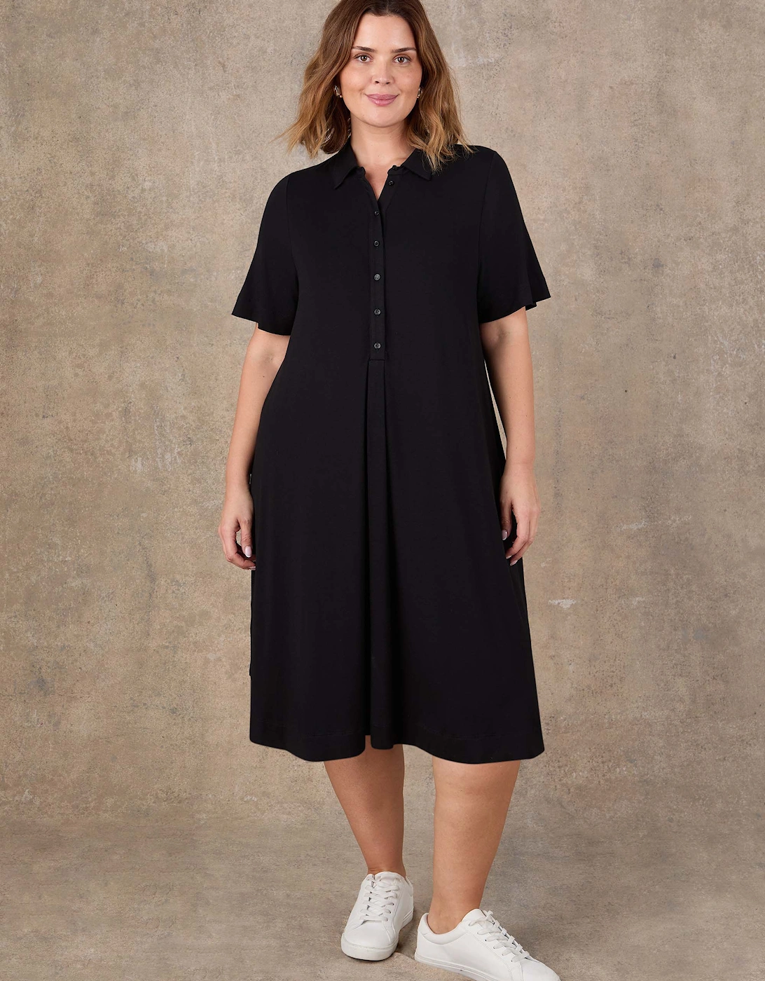 Black Half Placket Jersey Midi Shirt Dress