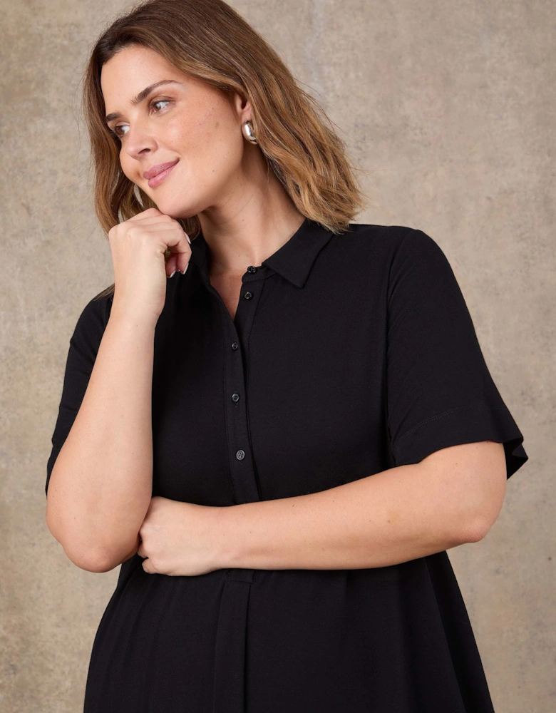 Black Half Placket Jersey Midi Shirt Dress
