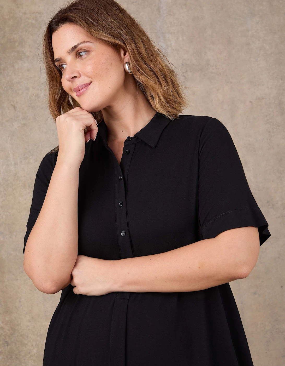 Black Half Placket Jersey Midi Shirt Dress