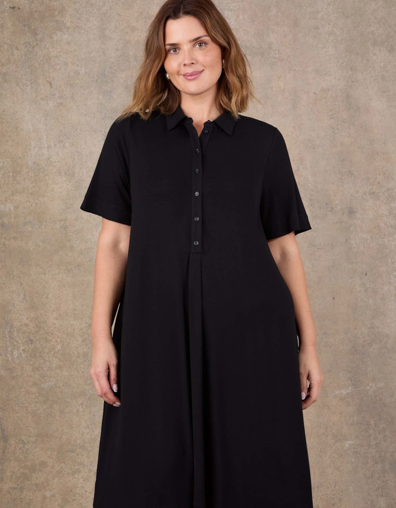 Black Half Placket Jersey Midi Shirt Dress