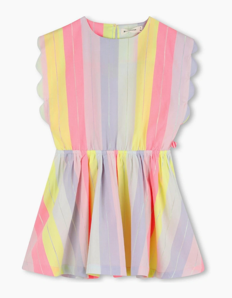 Girls Pink Multicoloured Scolloped Striped Dress