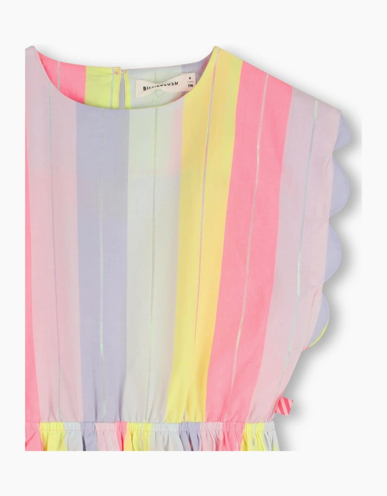 Girls Pink Multicoloured Scolloped Striped Dress