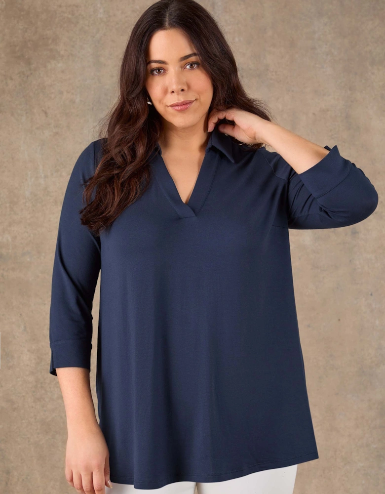 Navy 3/4 Sleeve Collared V-Neck Jersey Top