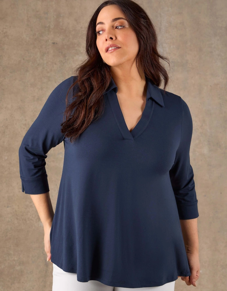 Navy 3/4 Sleeve Collared V-Neck Jersey Top