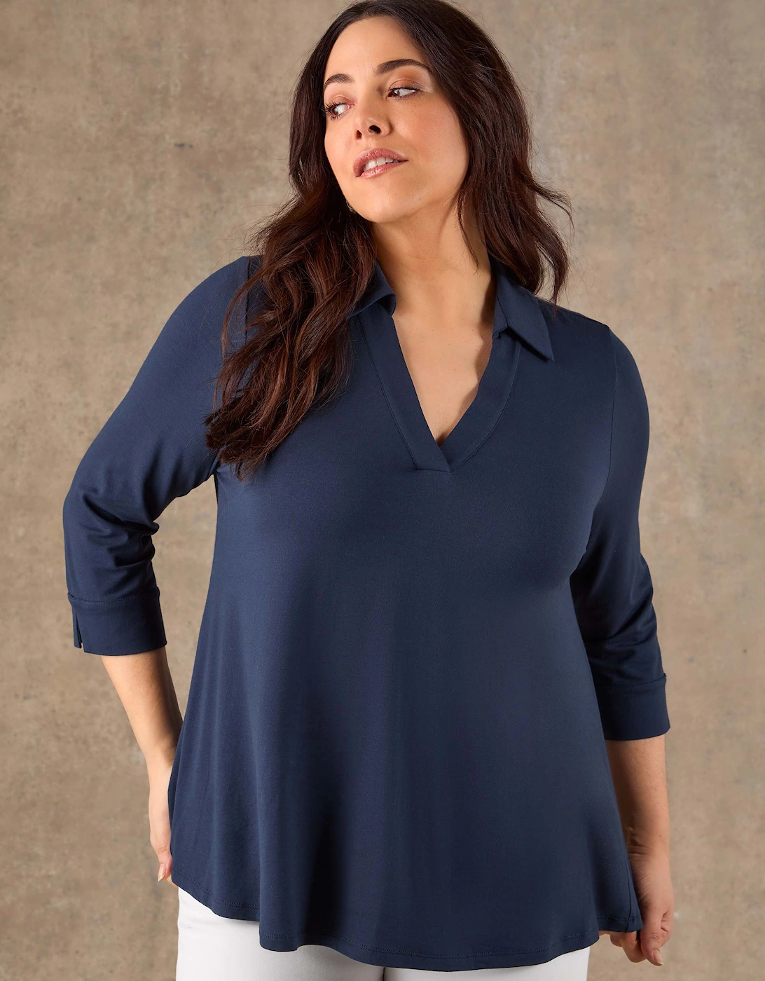 Navy 3/4 Sleeve Collared V-Neck Jersey Top