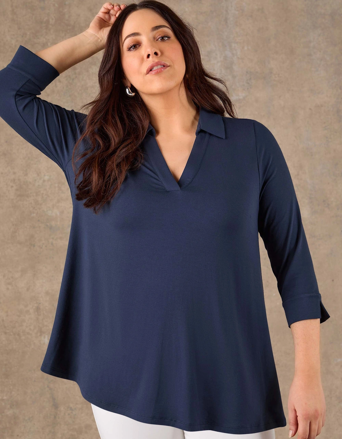 Navy 3/4 Sleeve Collared V-Neck Jersey Top