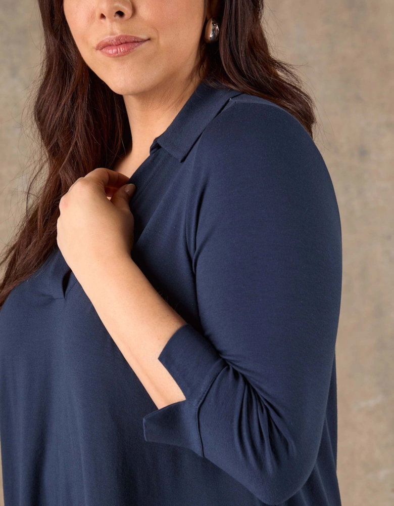 Navy 3/4 Sleeve Collared V-Neck Jersey Top