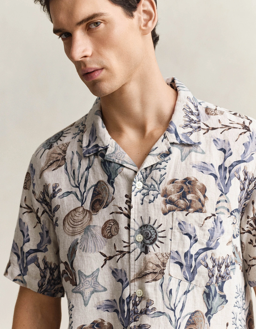 Mens Regular Fit AOP Camp Collar Shirt - 200 Oat Beige