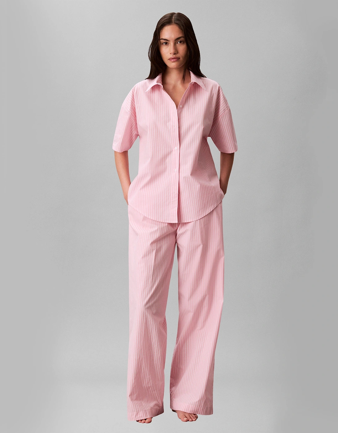 Calvin Klein SS SHIRT PANT Set Womens Pyjama Set Sera Stripe Cradle Pink
