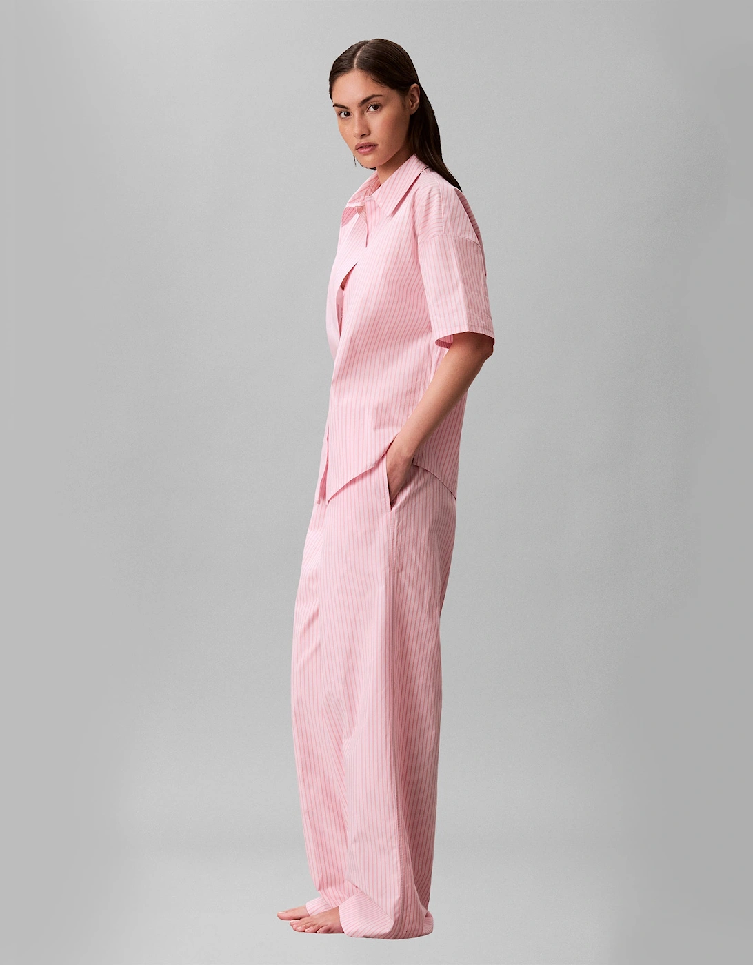Calvin Klein SS SHIRT PANT Set Womens Pyjama Set Sera Stripe Cradle Pink