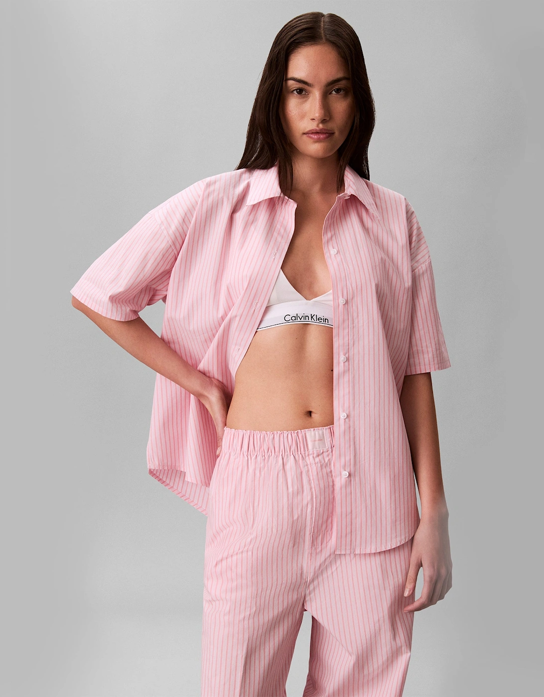 Calvin Klein SS SHIRT PANT Set Womens Pyjama Set Sera Stripe Cradle Pink