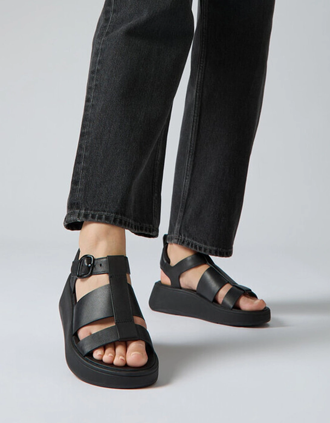 F-MODE LEATHER Womens Ankle Strap Sandals Black, 2 of 1