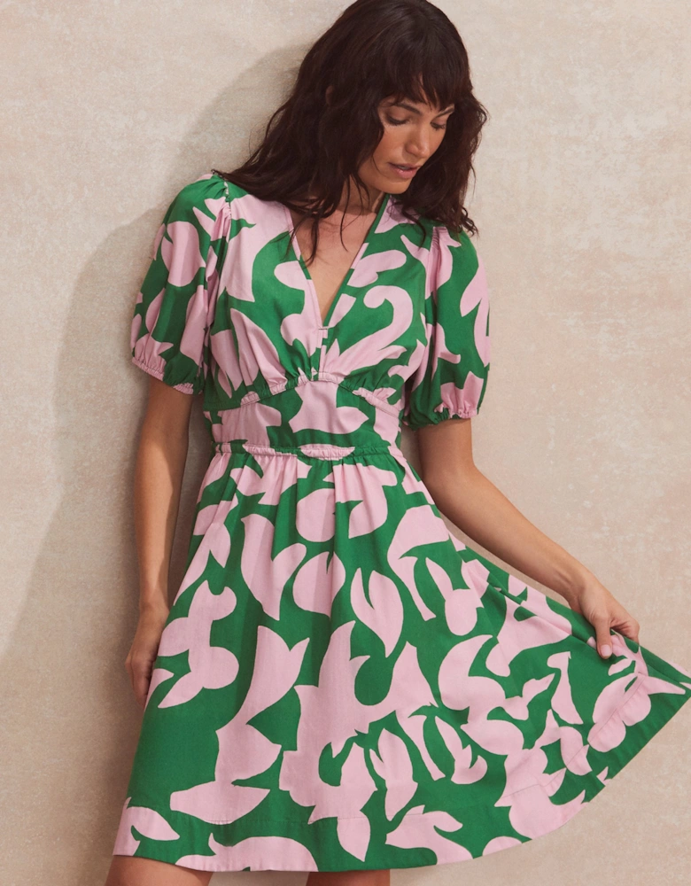 Pink and Green Abstract-Print Puff-Sleeve Mini Dress