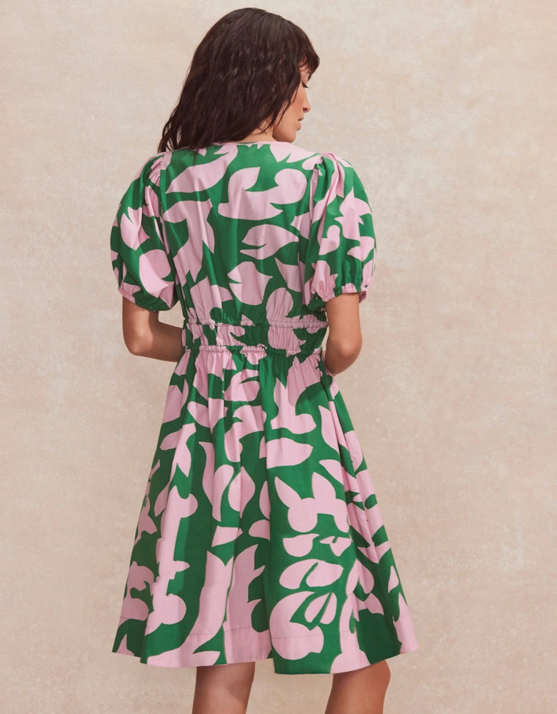 Pink and Green Abstract-Print Puff-Sleeve Mini Dress