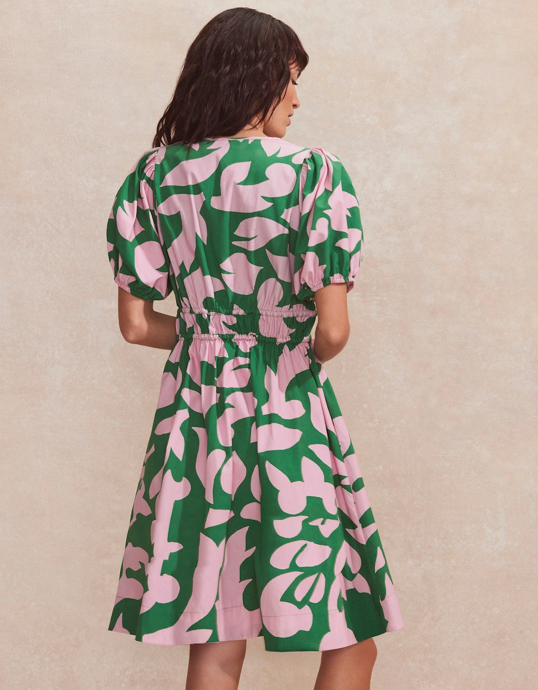 Pink and Green Abstract-Print Puff-Sleeve Mini Dress
