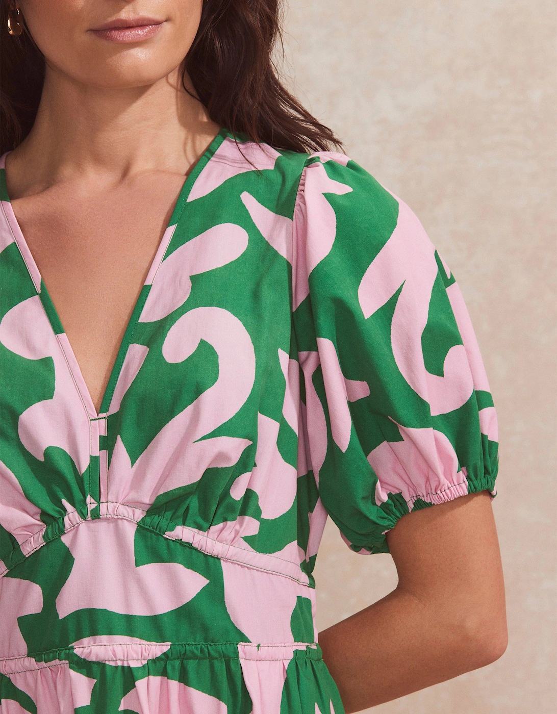 Pink and Green Abstract-Print Puff-Sleeve Mini Dress