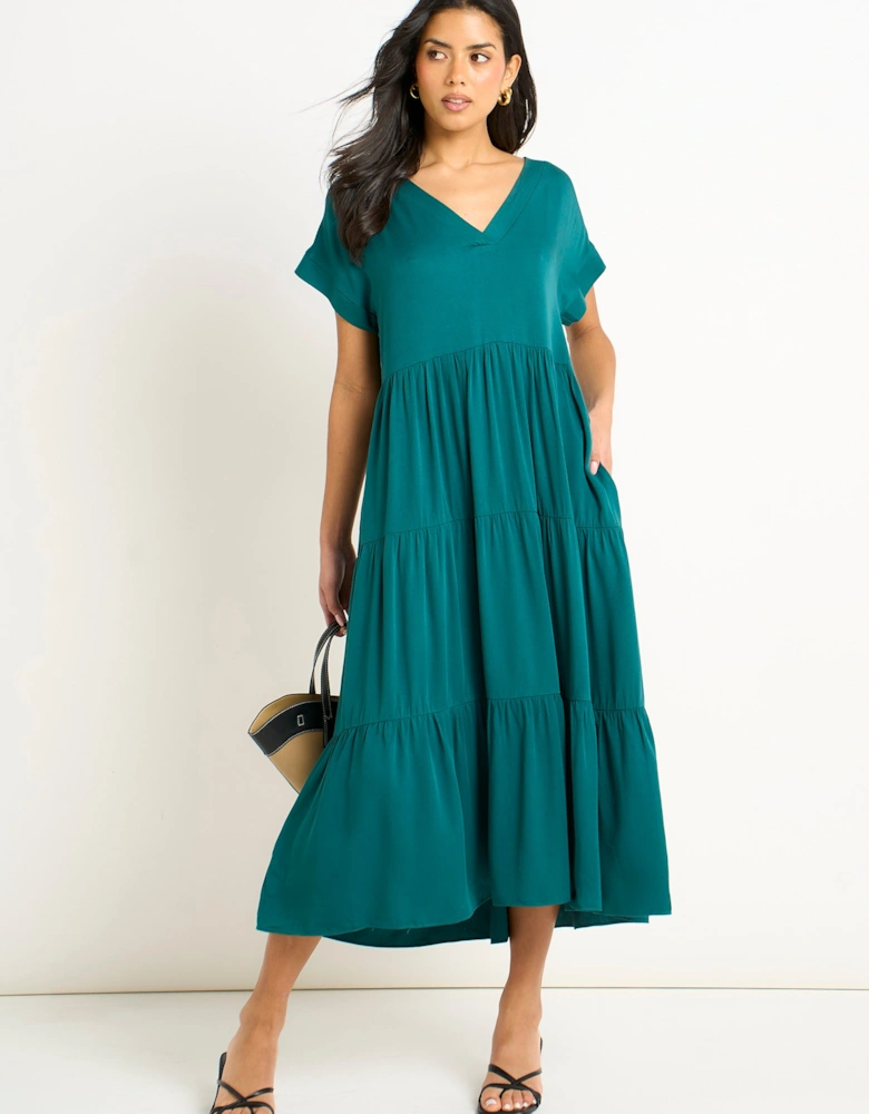 Green V Neck Pocket Smock Midi Dress
