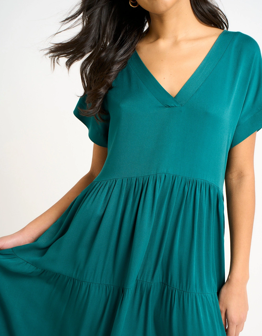 Green V Neck Pocket Smock Midi Dress
