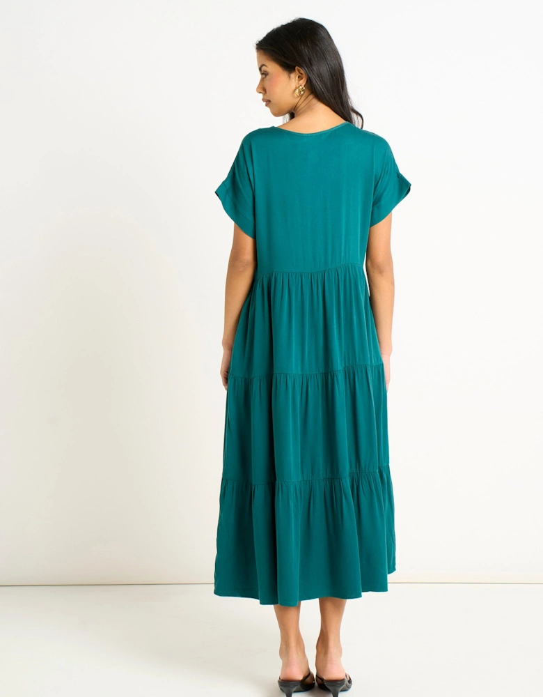 Green V Neck Pocket Smock Midi Dress