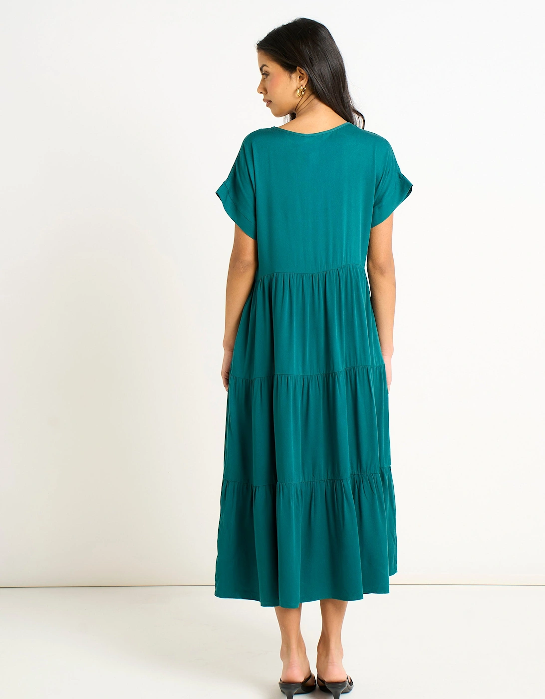 Green V Neck Pocket Smock Midi Dress