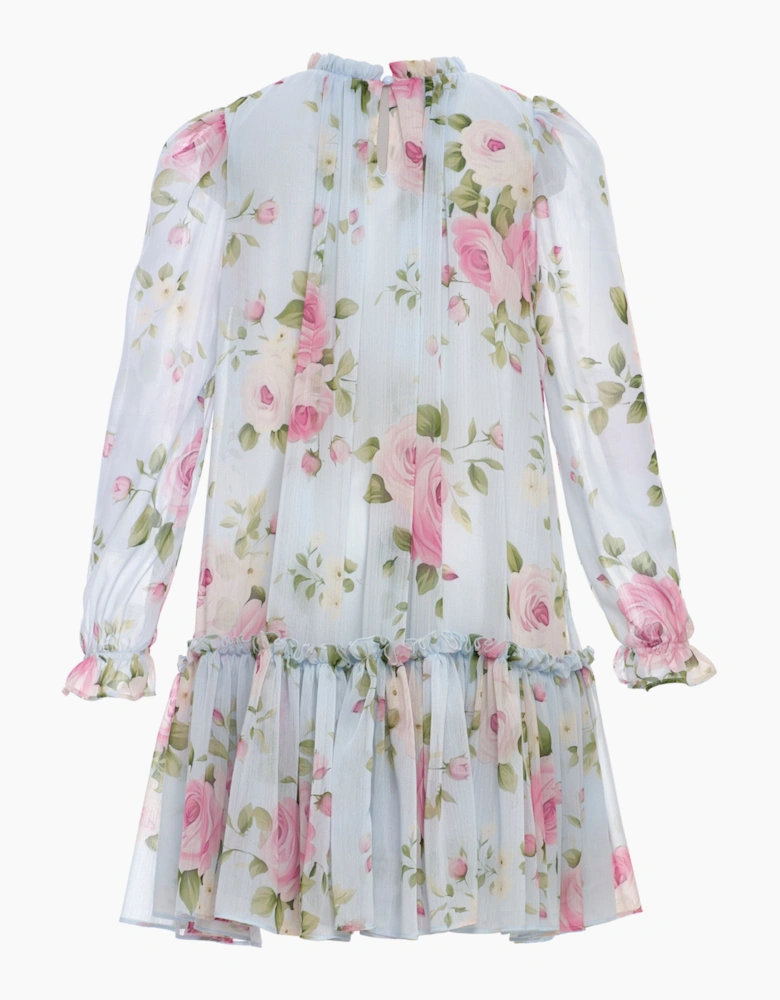 Girls Rose Print Occasion Dress in Blue