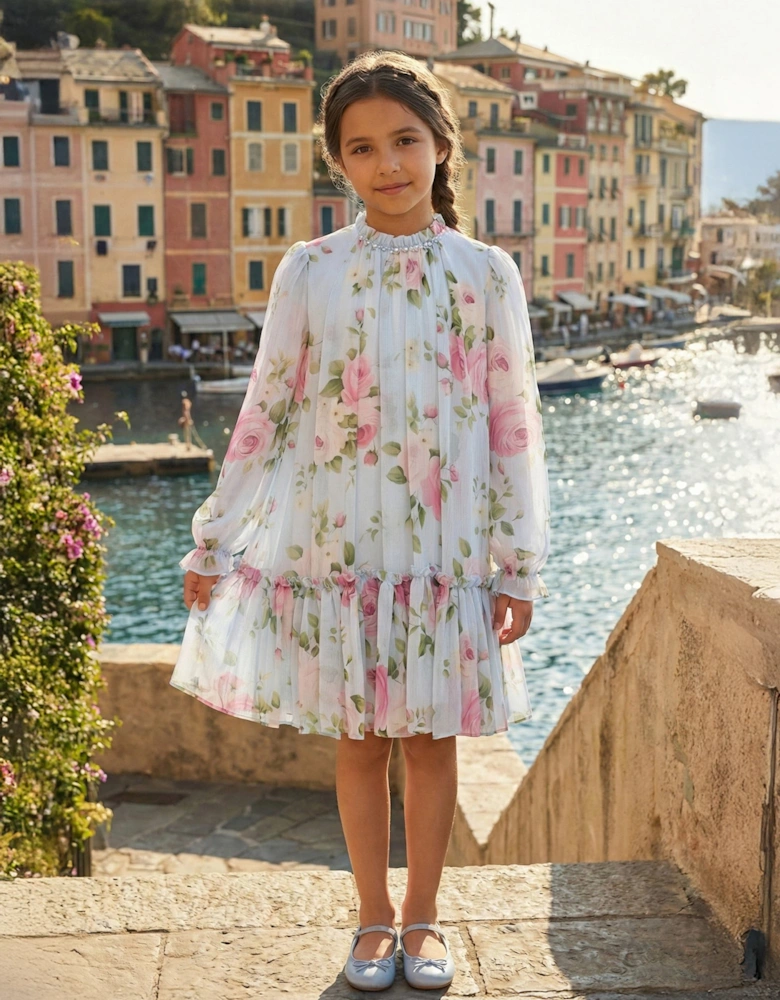 Girls Rose Print Occasion Dress in Blue