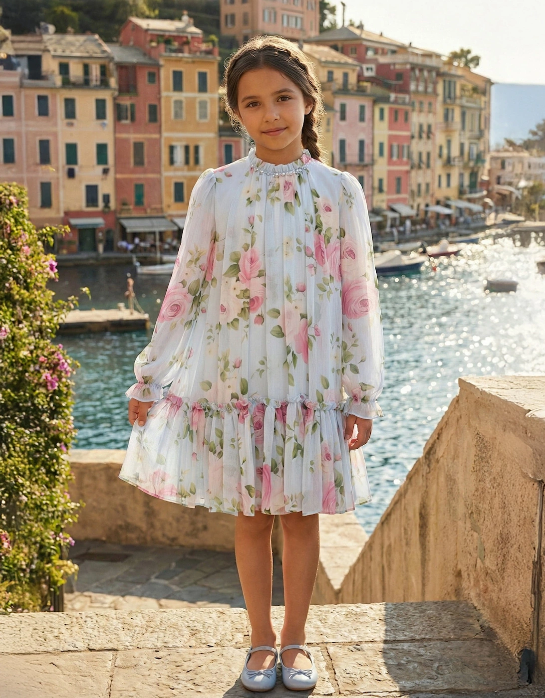 Girls Rose Print Occasion Dress in Blue, 6 of 5