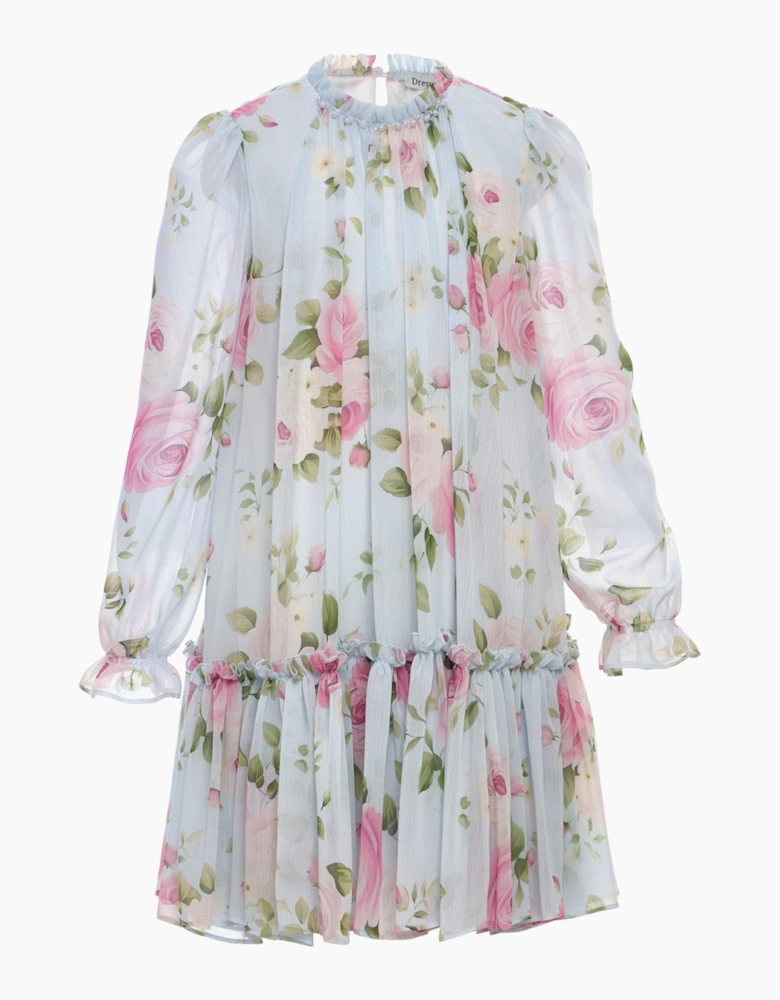 Girls Rose Print Occasion Dress in Blue