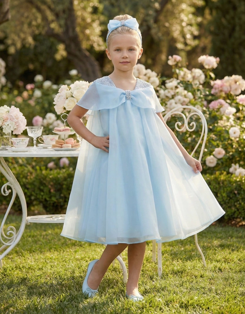 Girls Chiffon Large Bow Dress in Blue