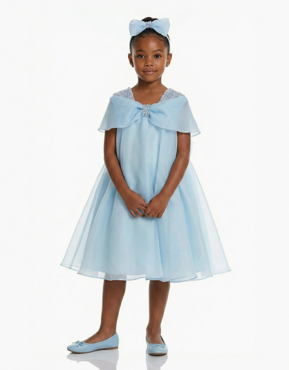 Girls Chiffon Large Bow Dress in Blue