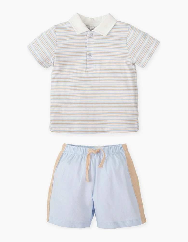 Boys Pale Blue Beige Stripe Jersey Polo Short Set