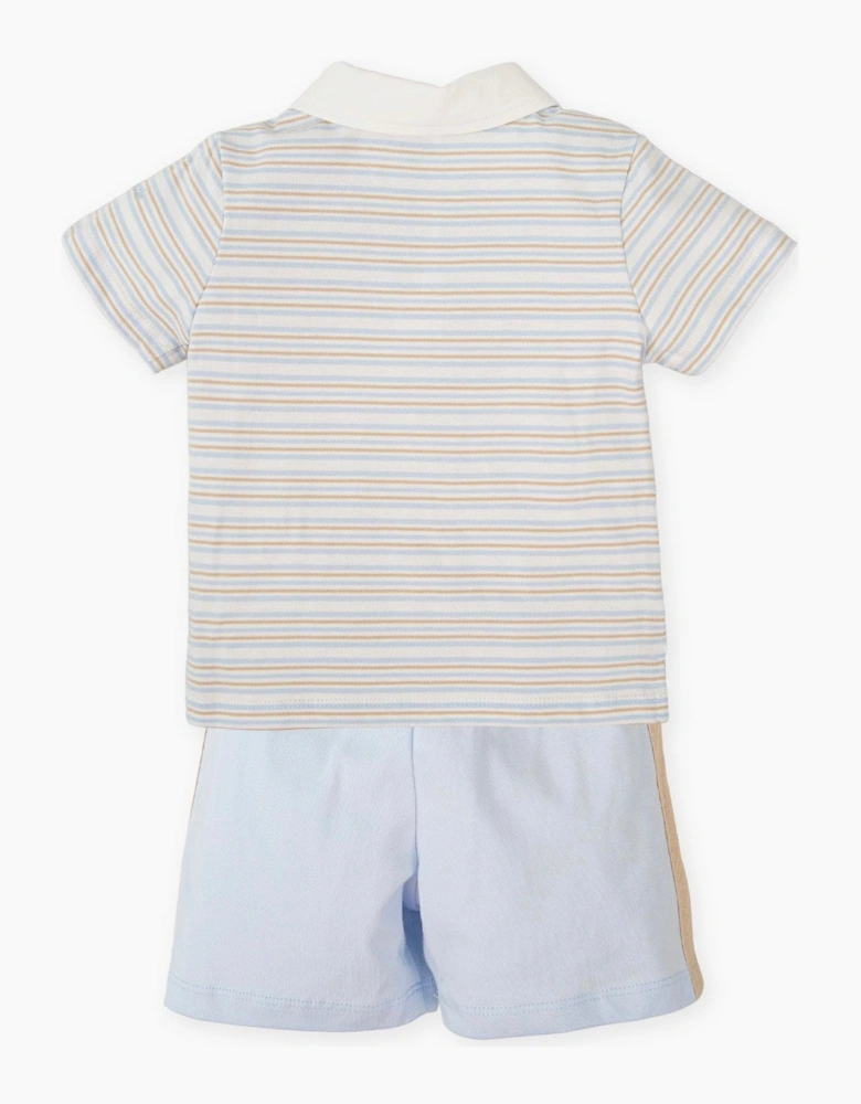 Boys Pale Blue Beige Stripe Jersey Polo Short Set