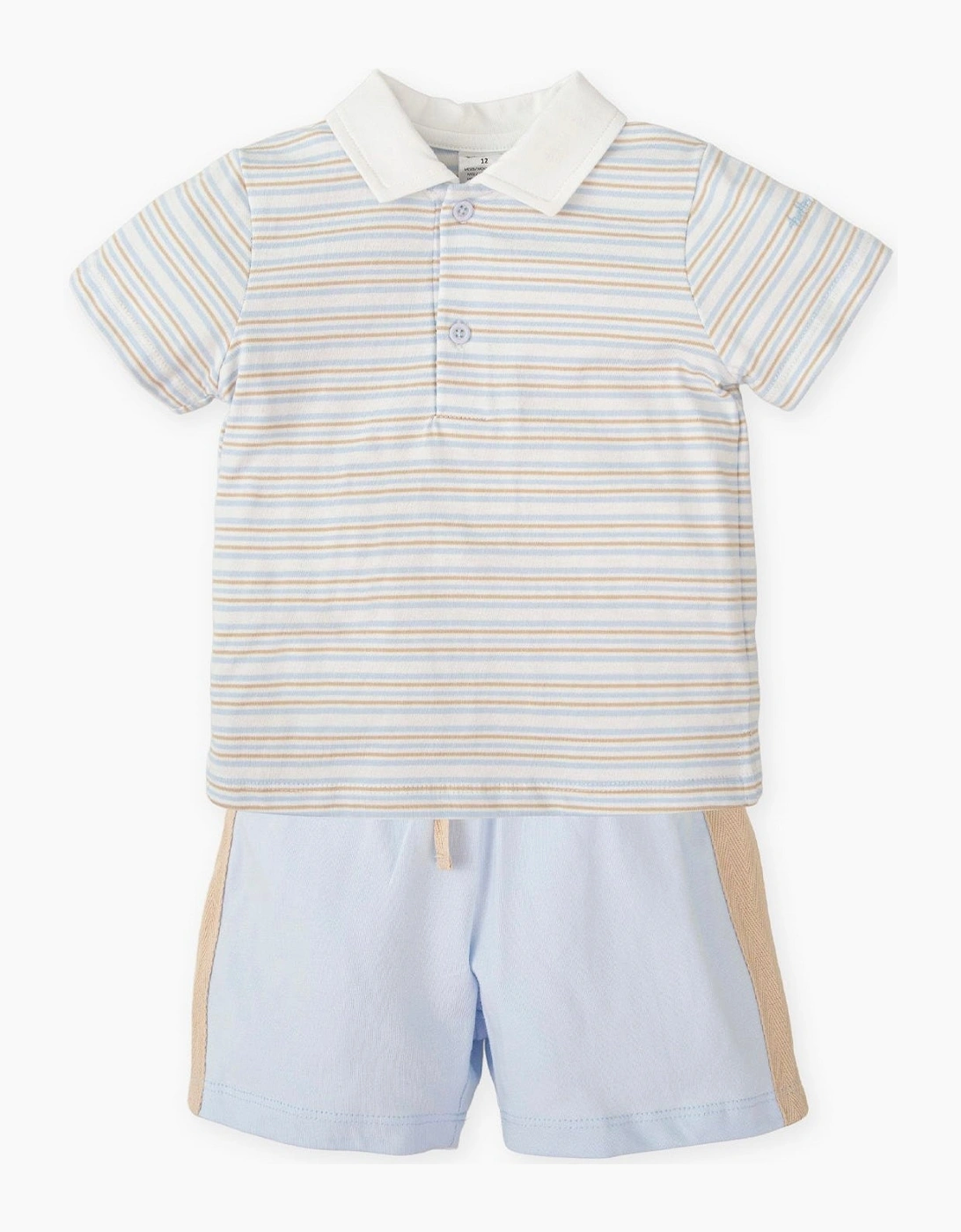 Boys Pale Blue Beige Stripe Jersey Polo Short Set, 4 of 3