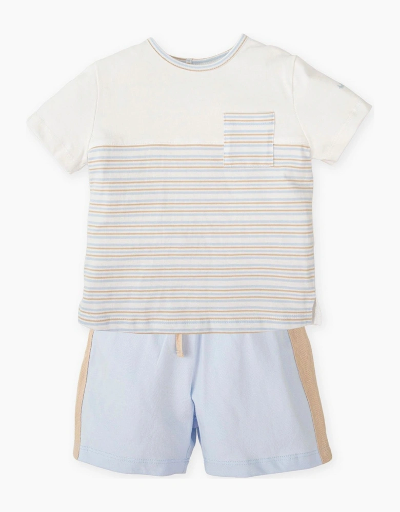 Boys Pale Blue Beige Stripe Jersey Short Set