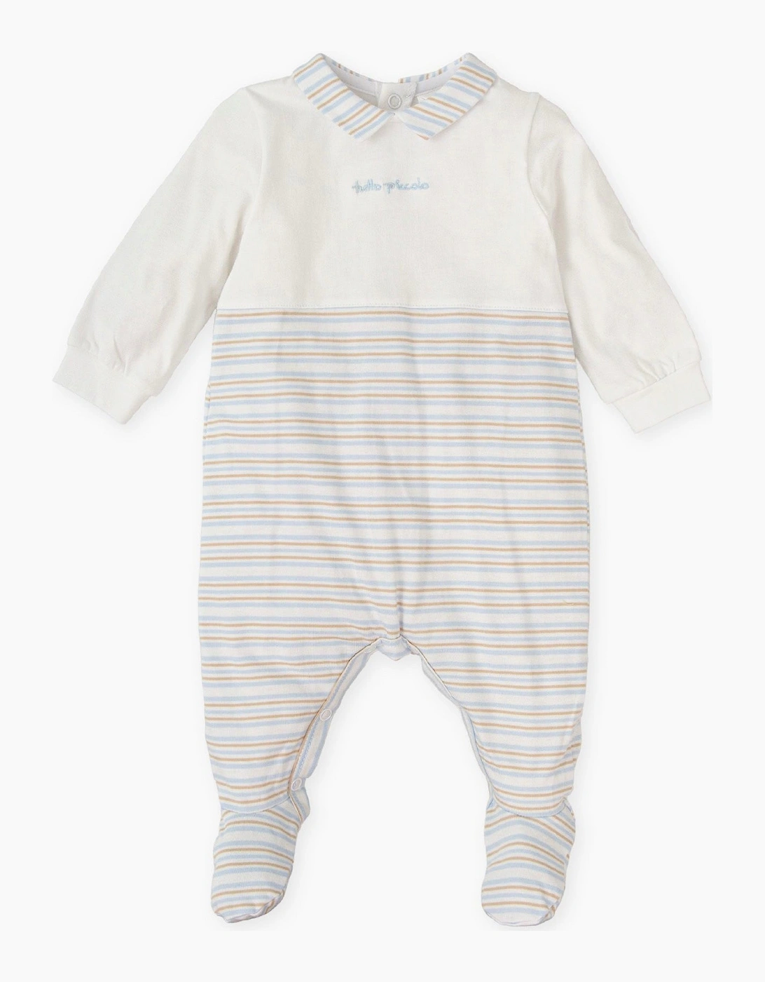 Boys Pale Blue Beige Stripe Jersey Babygrow, 4 of 3