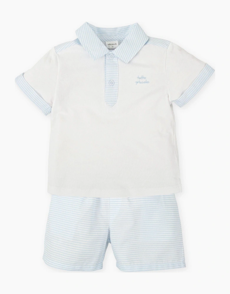 Boys Pale Blue Stripe Jersey Polo Short Set
