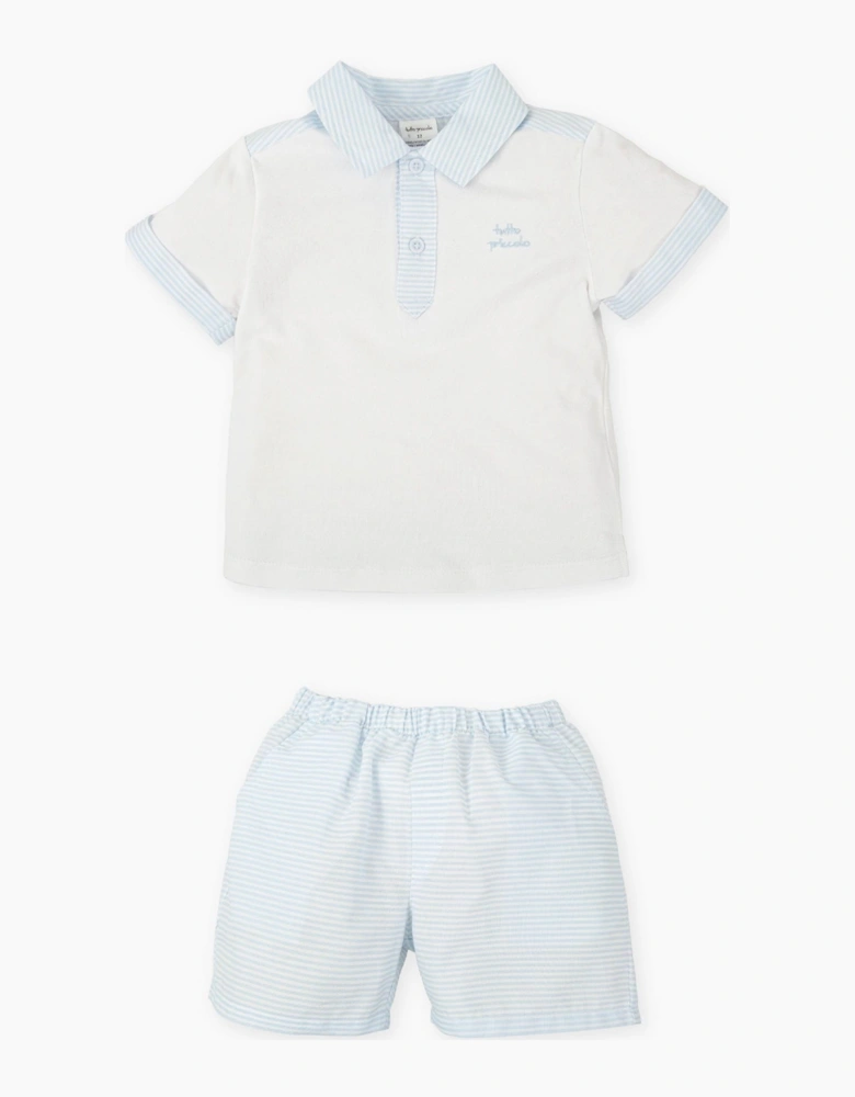 Boys Pale Blue Stripe Jersey Polo Short Set
