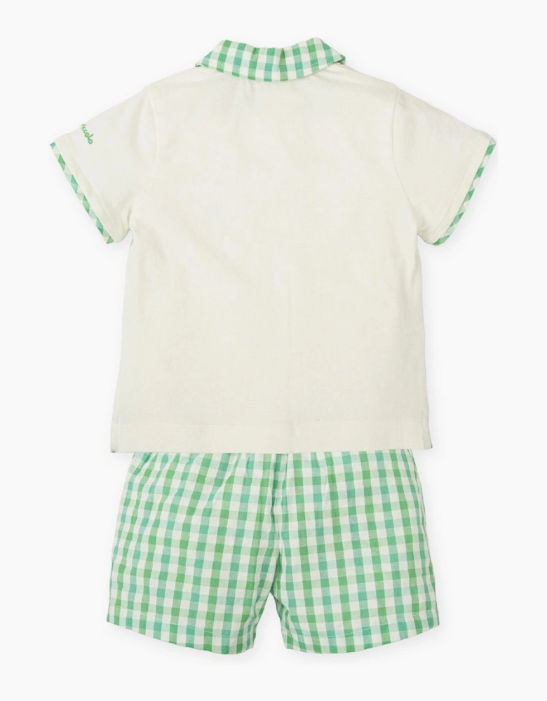 Boys Green Gingham Jersey Polo Short Set