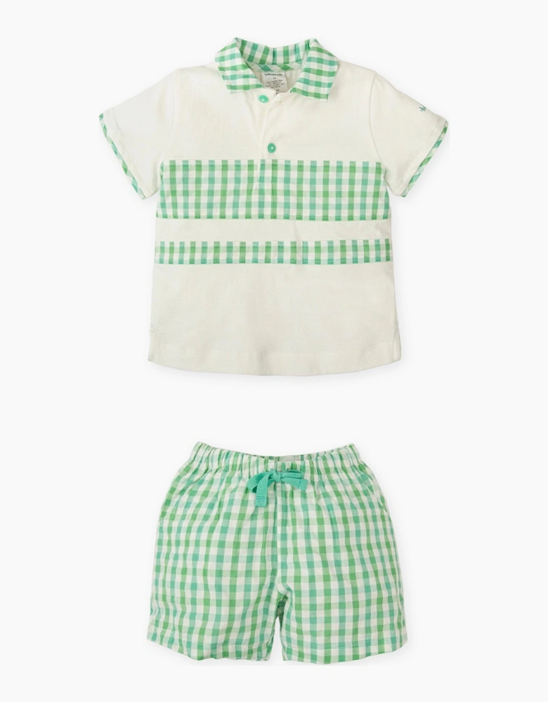 Boys Green Gingham Jersey Polo Short Set