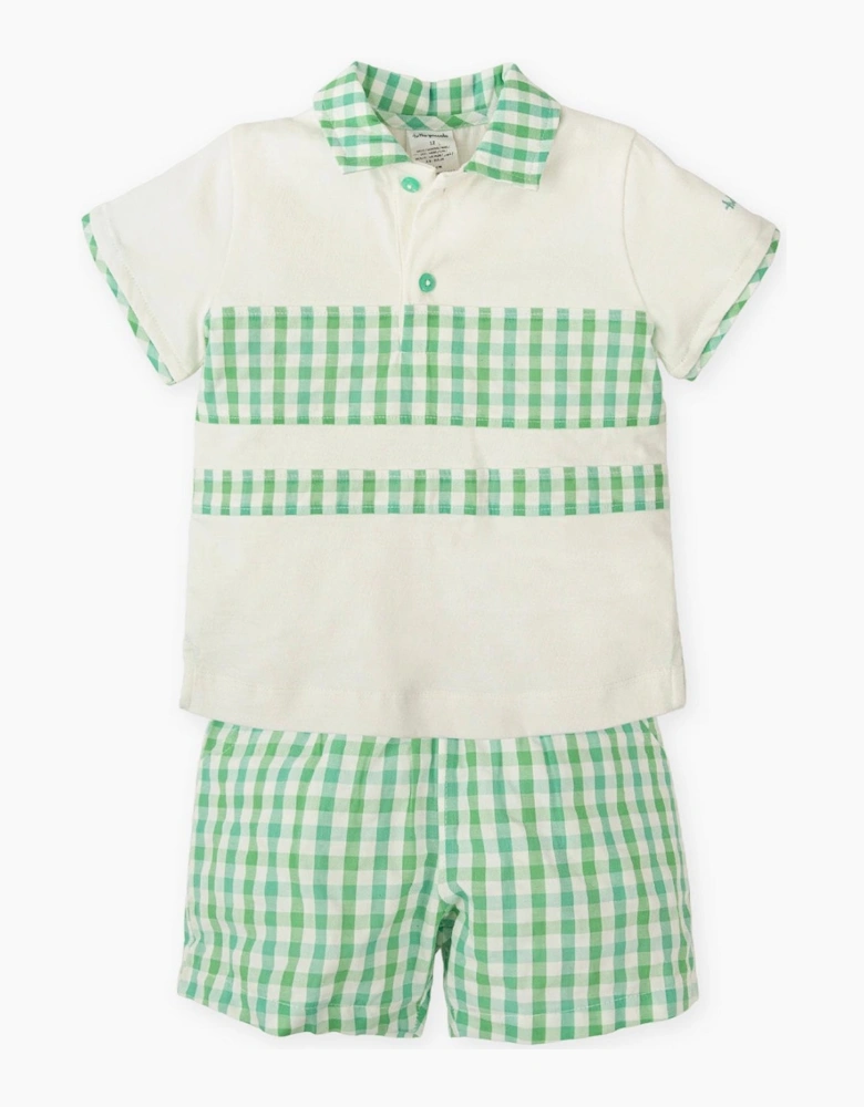 Boys Green Gingham Jersey Polo Short Set