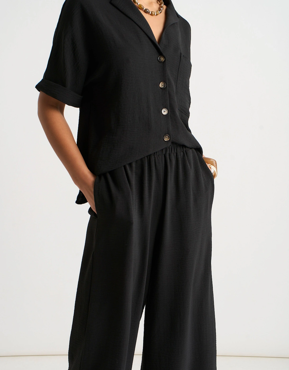 Black Elastic Waist Wide Leg Trousers