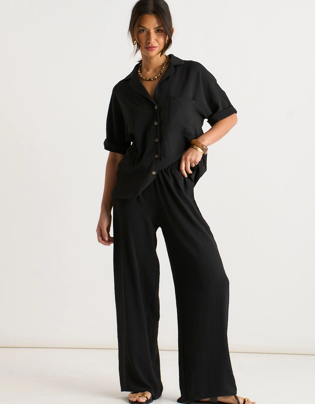 Gini London Women's Black Elastic Waist Wide Leg Trousers - Size 12/14