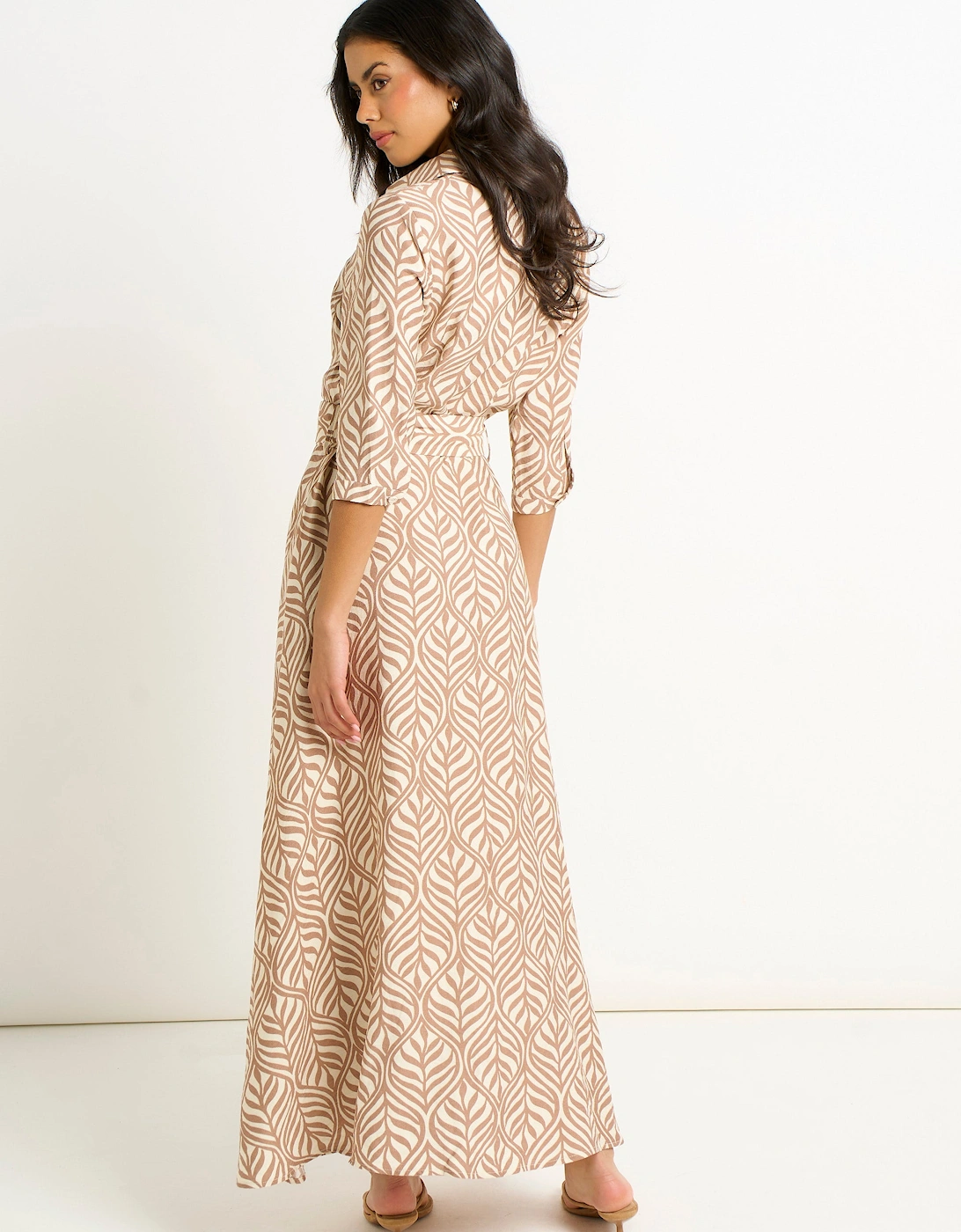 Beige Belted Shirt Maxi Dress