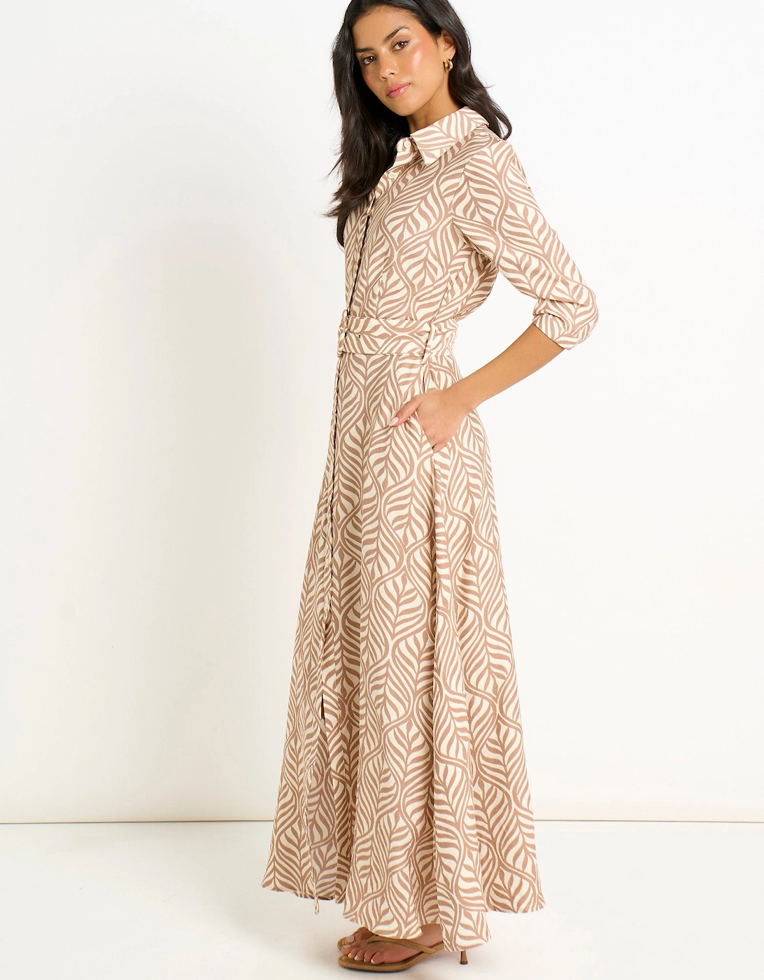 Beige Belted Shirt Maxi Dress