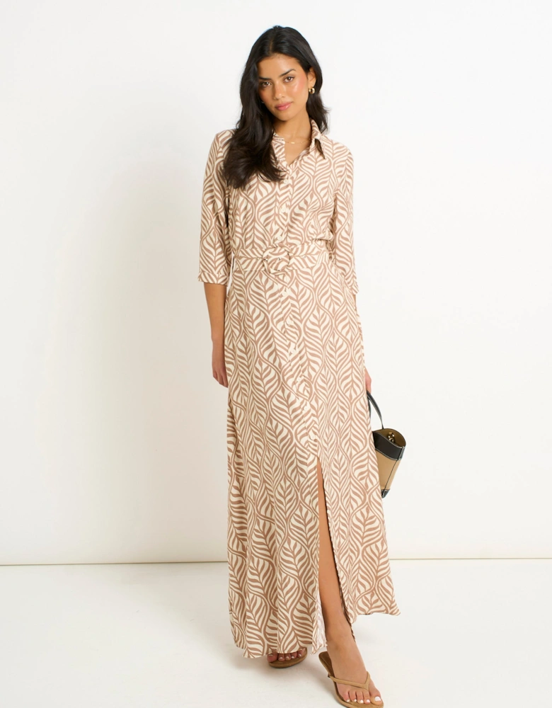 Beige Belted Shirt Maxi Dress