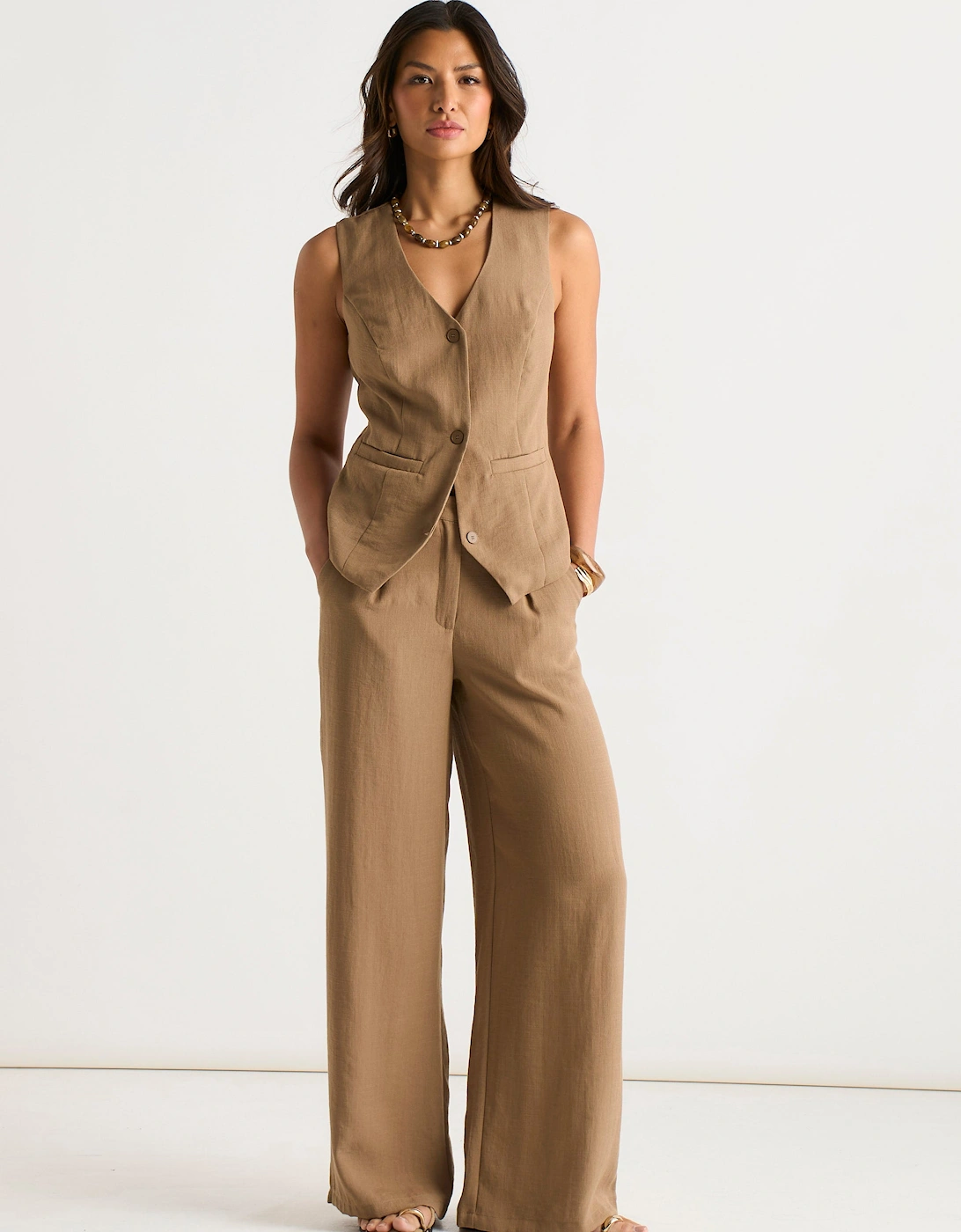 Camel Button Through Tailored Waistcoat