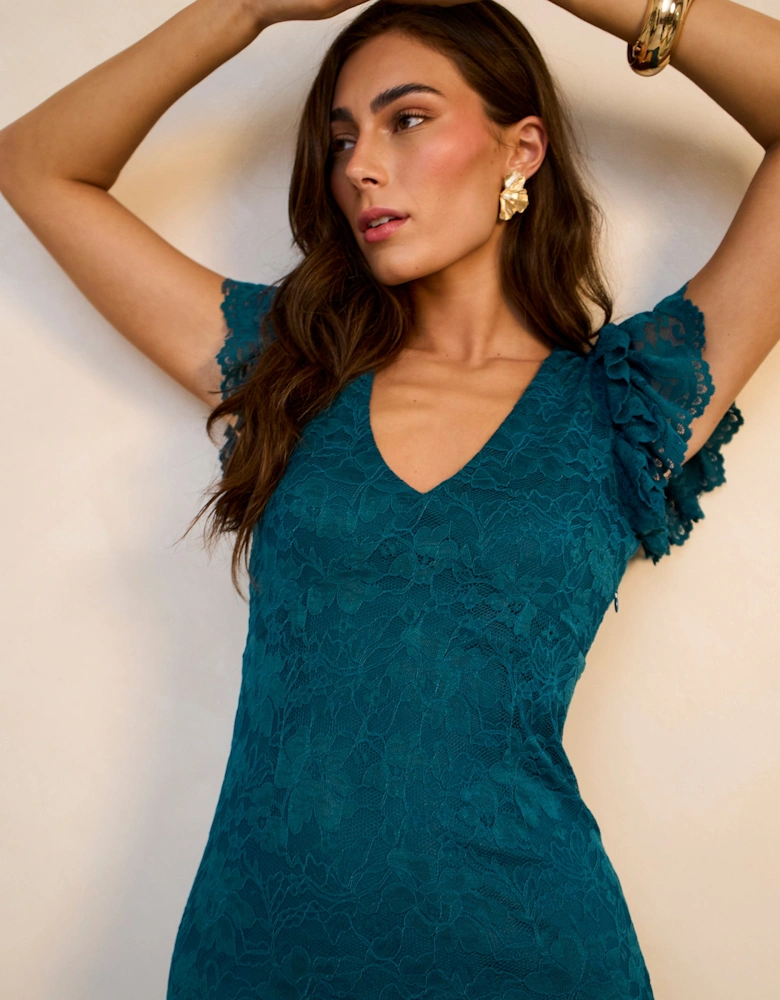 Teal Jersey Lace V Neck Ruffle Maxi Dress