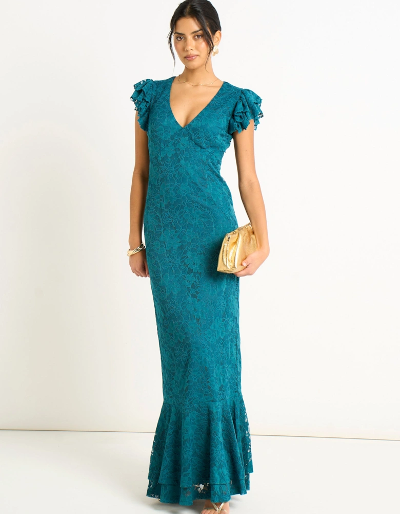 Teal Jersey Lace V Neck Ruffle Maxi Dress