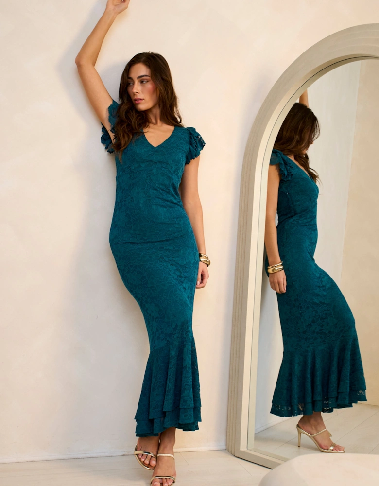Teal Jersey Lace V Neck Ruffle Maxi Dress