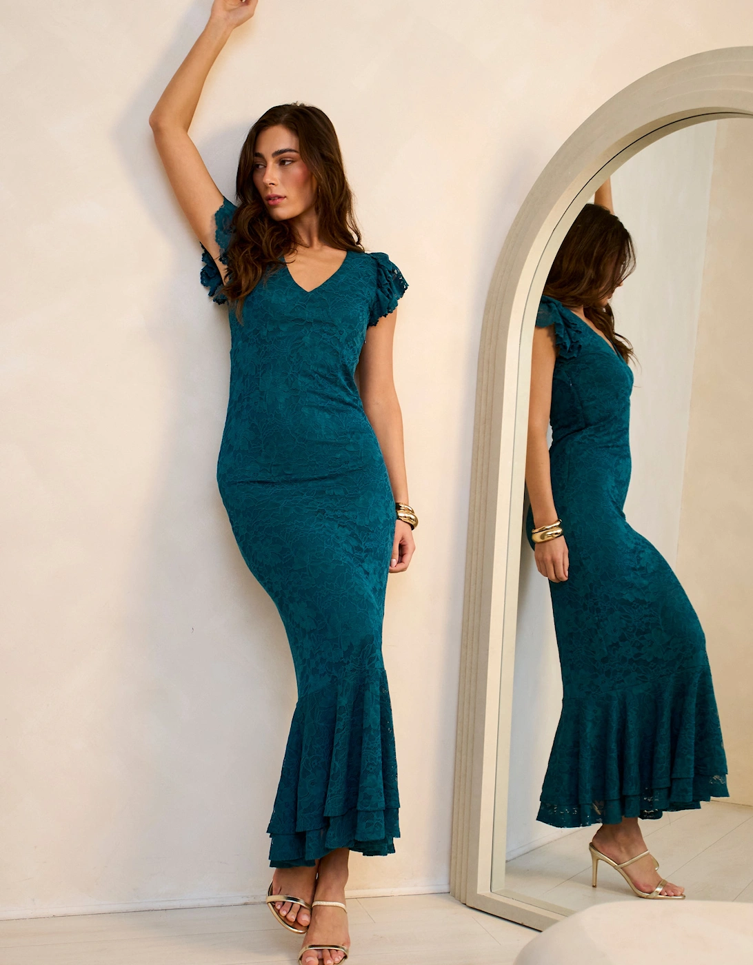Teal Jersey Lace V Neck Ruffle Maxi Dress